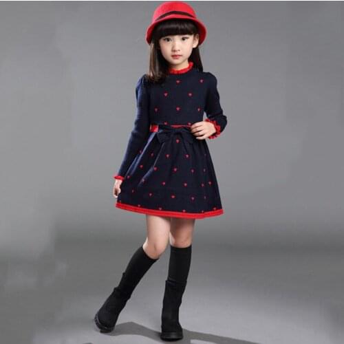 2021 New Autumn winter Kids Girls Sweater Dress Fashion Bow Love Children Sweaters Dresses Knitted girl Pullover skirt 3-10y