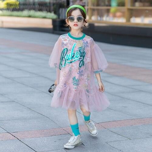 8 10 years Kids Girls Sequined Short Sleeve Print Mesh Dress Summer Fashion Teen Girls Outfit