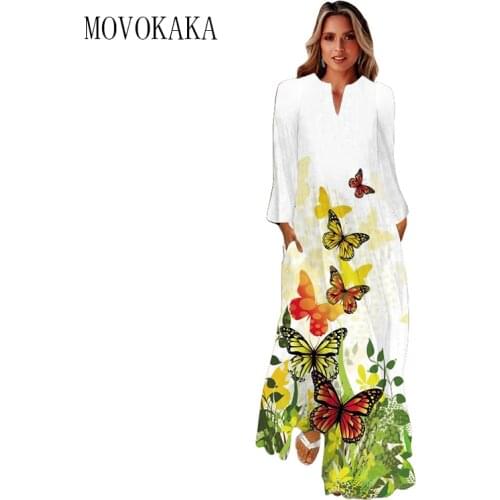 MOVOKAKA 3D Butterfly Printed White Dress 2021 Long Sleeve Autumn V-neck Casual Plus Size Dresses Woman Elegant Girls Long Dress