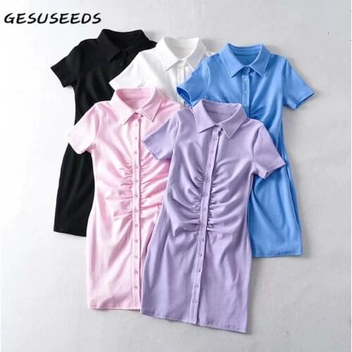 Summer dress women elegant dresses white short sleeve mini dress knitted turn down collar dresses button up shirt dress pink