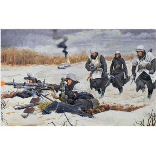 Wilderness battlefield world war 2 winter snow German soldiers fire shots burning tank home wall decoration fabric poster