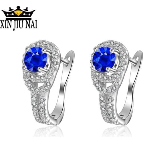 Sterling silver 100% 925 sterling silver earrings U-shaped ladies' vintage hollow micro-set diamond sapphire Hoop earrings