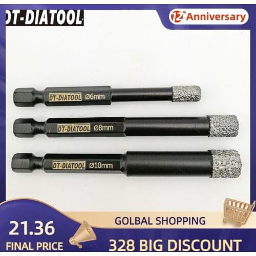 DT-DIATOOL 3pcs Diameter 6/8/10/12mm Vacuum Brazed Quick-fit Shank Diamond Drilling Bits Dry for Tile Marble Stone Hole Saw