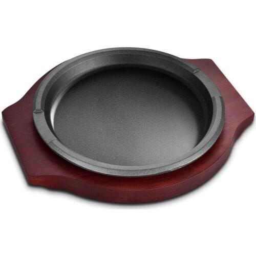 Thickened cast iron Korean barbecue plate fried steak BBQ household cooking baking pan grill raosting meat pot wooden tray