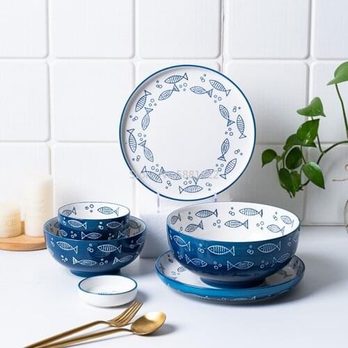 Japanese Hand-painted Underglaze Ceramic Rice Bowl, Noodle Bowl, Soup Bowl, Vegetable Plate, Rice Plate, Steak Plate Household