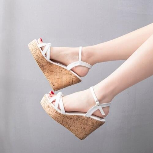 Crystal Queen New Summer White Womens High Heels Sandals Platform Buckle Wedges Front Open Toe Ladies Shoes