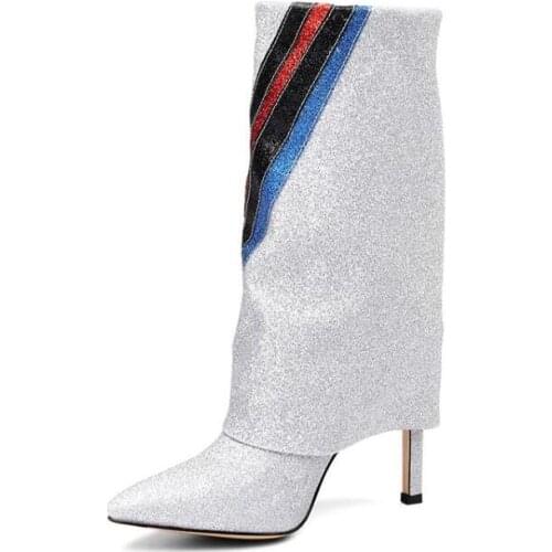 Women Boots 2018 Pointed Toe Silver Glitter Lightning Thigh High Boots Plus Size Thin Heels Autumen Winter Knee High Boots