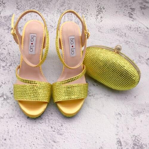 BS1332 Custom Made Dress Sandal Women Shoes Bridal Wedding Lemon Yellow Crystal Shoes With Matching Bag Set