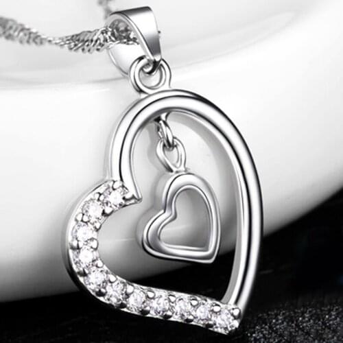 Popular Hot 925 Sterling Silver Two Heart Necklace For Women Wedding Jewelry Shiny Zircon Pendant Female Engagement Accessories