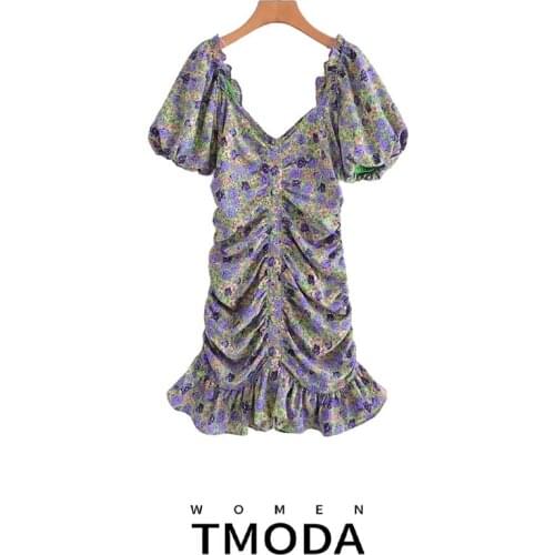TMODA1398 Za 2021 Summer Women Floral Print Vintage Dresses Female Puff Short Sleeve Square Collar High Waist Short Mini Dress