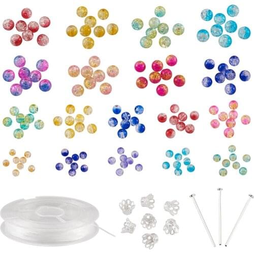 1Set Crackle Glass Beads and Elastic Thread with Iron Bead Caps Head Pins for for DIY Jewelry Making Finding Mixed Color