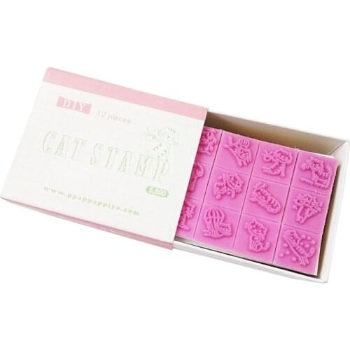 12pcs/set Mini Cute Cat DIY Wooden Rubber Stamp Set Crafts Handmade Decal Scrapbooking Photo Album Stationery School Supplies
