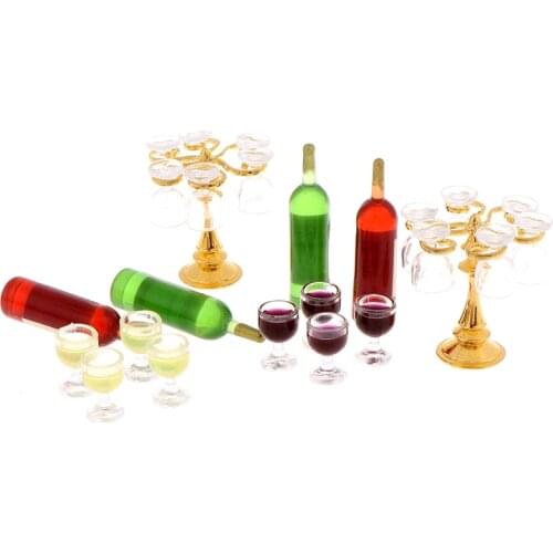 13Pcs/set Wine Drink Bottles, Goblets, Beer Cups,Wine Bottles Cup Holder Dollhouse Miniature Pub Shop