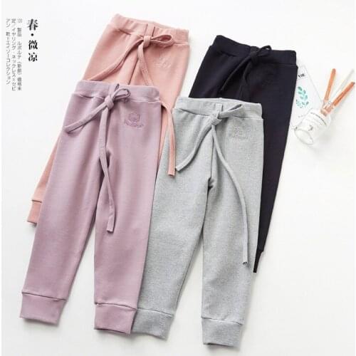 Spring Autumn New Kids Pants Casual Soft Cotton Girls Trousers Fashion Solid Embroidery Loose Pants For Girl Childrens Clothing