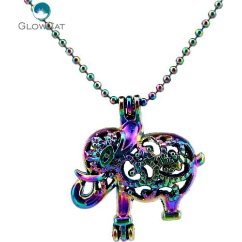 C21 Rainbow Color lovely Animal Circles Elephant Bead Cage Necklace Pendant Aroma Essential Oil Diffuser Locket Necklace