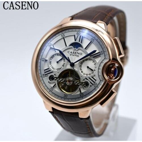 CASENO Tourbillon Mens Watch Top Brand Luxury Belt Watch Men Automatic Mechanical Wristwatch Skeleton Sport Male Clocks relogio