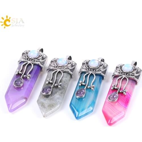 CSJA Reiki Natural Gem Stone Sword Pendants Pendulums Labradorite Pink Quartz Lapis Lazuli Black Obsidian Tiger Eye Jewelry F071