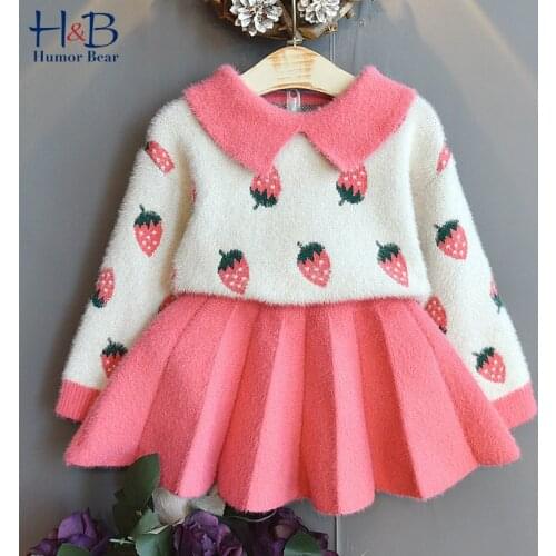 Humor Bear ChildrenS Sweater Winter 2020 Autumn New Korean Girl Crystal Mink Knitted Strawberry Sweater+ Short Skirt 2pcs Set