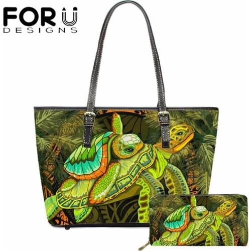 FORUDESIGNS 2pcs PU Leather Women Handbag and Wallet for Polynesian Pohnpei Tortoise Hawaiian Pattern Casual Top-Handle Bags New