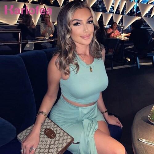 Karlofea New 2020 Elegant Club Party Wear Sexy Thigh Draped Split Midi Dress Fashion Lady Midnight Date Outfits 2 Piece Dresses