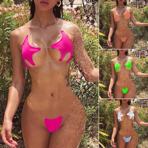 Micro Bikini Set 2020 Sexy Women Pentagram Design Clear Strap Thong Swimsuit Brazilian Neon Green Transparent Thong Swimwear