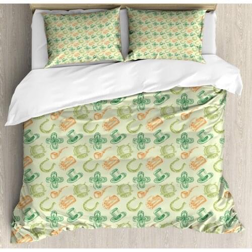 Clover Duvet Cover Set Irish Folk Pattern 3 Piece Bedding Set Pastel Green Burnt Orange Hunter Green Pale Olive Green