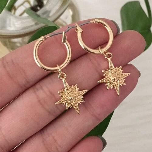 Lovely Girl Gold Color Star Shape Engraved Charm Little Hoop Earrings For Women Girl Daily Dainty Accessaries