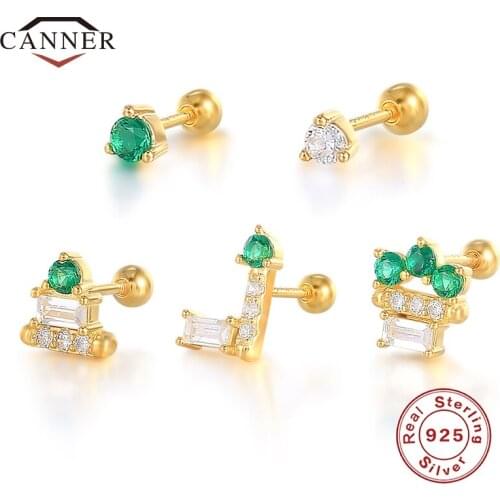 CANNER 1Pc 925 Sterling Silver tud Earrings for Women Green Zircon Spiral Cartilage Piercing Earring Jewelry Pendientes Kolczyki