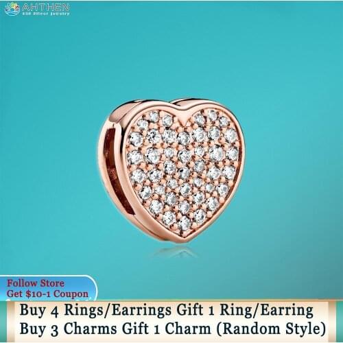 Ahthen 925 Sterling Silver Bead Pave Heart Clip Charm fit Original Pandora Bracelets for Women Jewelry Making Girl Gift