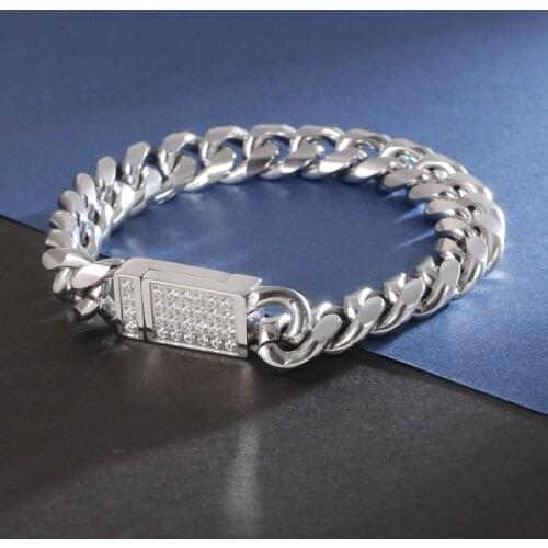 Punk style titanium steel inlaid stone Cuban chain mens bracelet