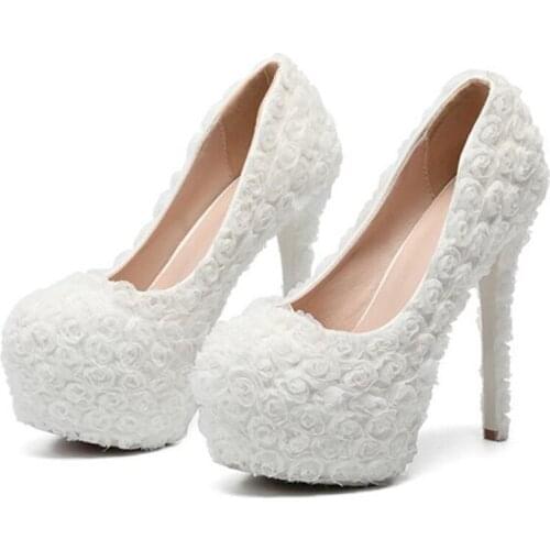 Shoes Woman Thin High Heels Pumps Lace Slip On 14CM Round Toe Dress Office & Career Party Wedding Flower Women Shoes 2020 red