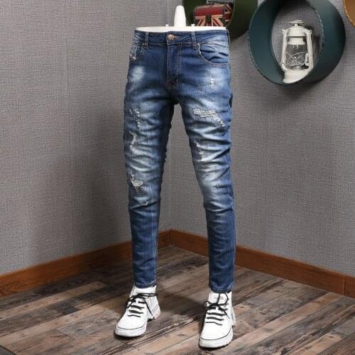 European American Vintage Fashion Men Jeans Retro Dark Blue Elastic Slim Fit Ripped Jeans Men Korean Style Denim Pencil Pants