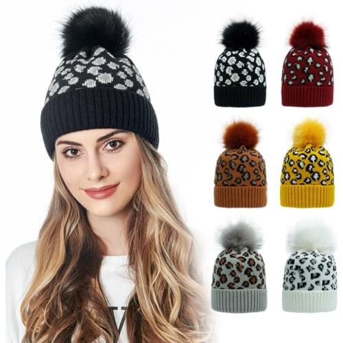 WUJIE Womens' Leopard Beanie Hat with Faux Fur Pom Winter Soft Warm Hats Cuffed Knit Skull Cap for Women One Size