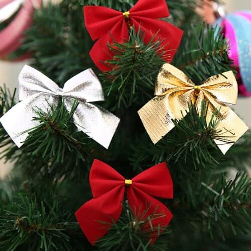12pcs Pretty Gold Bowknots Christmas Ornament Xmas Tree Decoration Party Bowknots Baubles New Year Home Christmas Decorations
