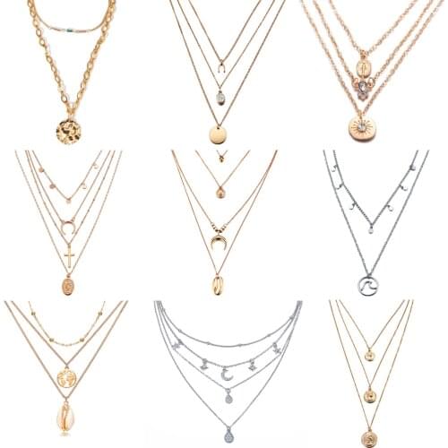 17KM Multilayer Crystal Moon Necklaces & Pendants For Women Vintage Charm Gold Choker Necklace 2020 Bohemian Jewelry Wholesale