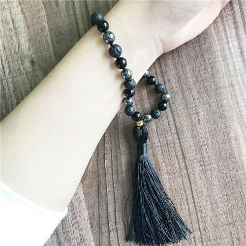 27 Beads Knotted Bracelet Black Onyx & Lava Stone & Hematite Mala Bracelet Short Wrist Mala Yoga Jewelry Mens Gift
