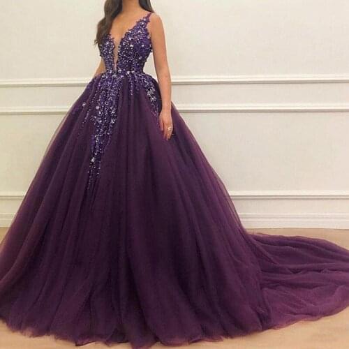 Purple Beaded Ball Gown Quinceanera Dresses Appliques Sequins Deep V Neck Tulle Evening Party Dresses Prom Gown