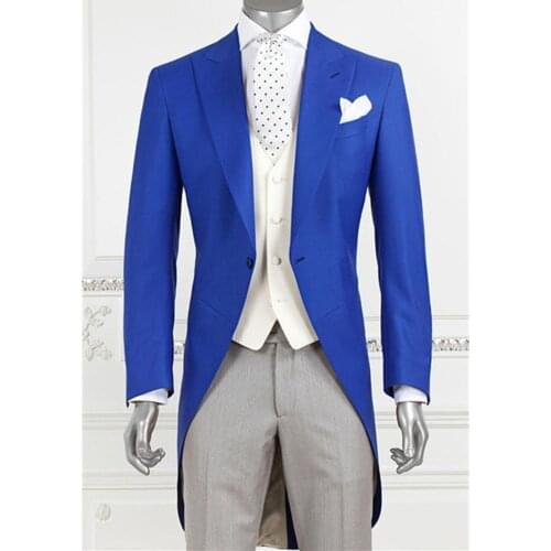 Custom Made Blue Peaked Lapel Men Suits Casual Straight Blazer Tuxedo Tailcoat Wedding Suit Terno Masculino (Jacket+Pants+Vest)