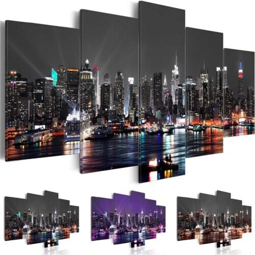 Canvas Painting Wall Art 5 Pieces New York City Construction Scenery Pictures Prints Night View Poster Home Decor Modular Framed