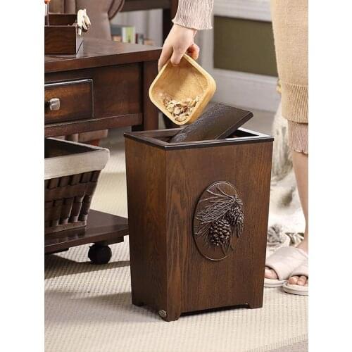 Chinese style antique solid wood storage bin exquisite light luxury carved garbage can with cover