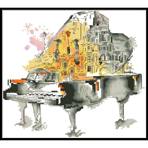 Creative Piano Scenery Cross Stitch Patterns Kits 14CT 11CT Printed Fabric Embroidery Sets For Needlework DIY Home Deco Painting