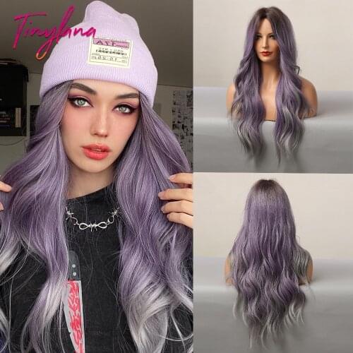 TINY LANA Long Ombre Brown Purple Gray Wavy Wigs Middle Part Natural Synthetic Wigs For Women Cosplay Party Heat Resistant Fiber