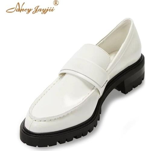 Women White Casual Almond Toe Loafers Solid Patent Leather 3cm Chunky Heel Flats Ladies Black Elegant Home Daily Slip On Shoes