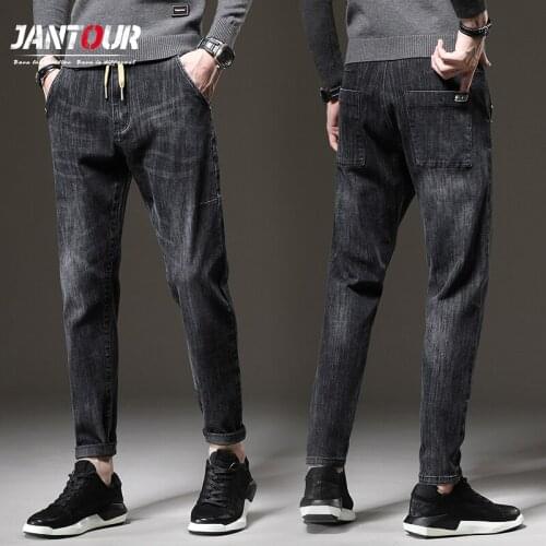 Brand Black Jeans Autumn Winter Thicken Casual Men Jeans 2020 Fashion Pocket Print Pants Man High Elasticity Pants Men Size 38