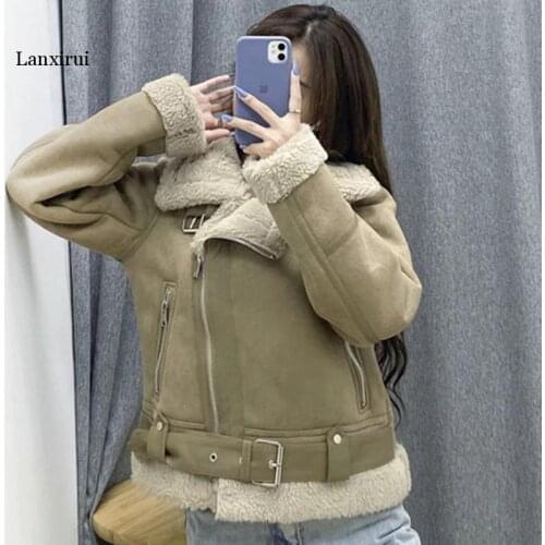 New Womens Jacket Faux Shearling Sheepskin Retro Suede Fur Motorcycle Jacket Belt Leisure Loose Zaring Woman Jackets