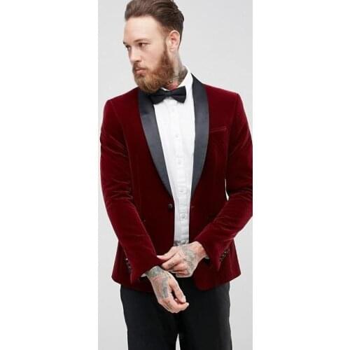 New Arrival One Button Red Velvet Groom Tuxedos Shawl Lapel Groomsmen Mens Wedding Suits Blazers (Jacket+Pants+Tie) W:545