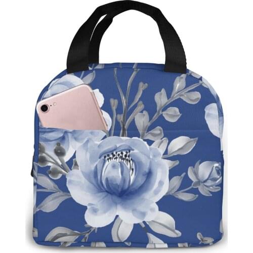 Navy Flower Leaves Cooler Lunch Box Portable Insulated Lunch Bag Thermal Food Picnic Lunch Bags