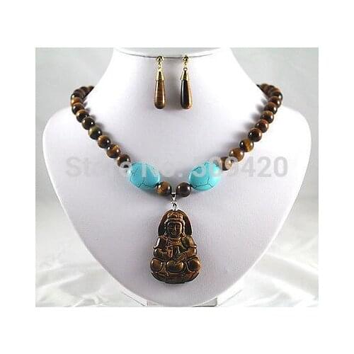 Wholesale jewe217>>Charming turquoise tiger eye stone earrings necklace Guanyin lucky pendant set