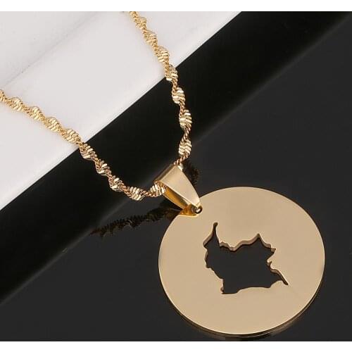 Stainless Steel Gold Color Map of Colombia Pendant Necklaces for Women Colombian Round Jewelry