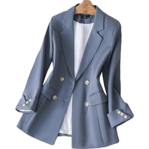 Plus Size Casual Blue Blazer Women Spring Autumn Korean British Suits Jacket Fashion Double-Breasted Occupation Outerwear 4XL
